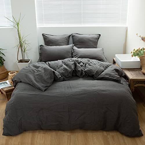 Simple&Opulence 100% Linen Duvet Cover Set 3pcs Basic Style Natural French Washed Flax Solid Color Soft Breathable Farmhouse Bedding with Button Closure (King, Dark Grey)