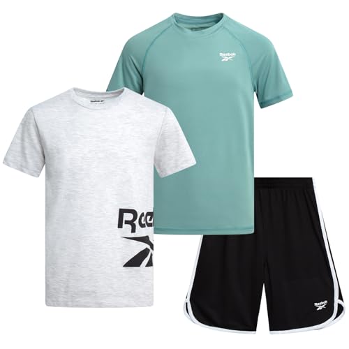 Opiniones de Pantalones cortos para Niño los 10 mejores. 43 Reebok - Conjunto de pantalones cortos deportivos para niños, 3 piezas, ropa de verano con camisetas gráficas y pantalones cortos para correr para niños activos, Gris claro, 12