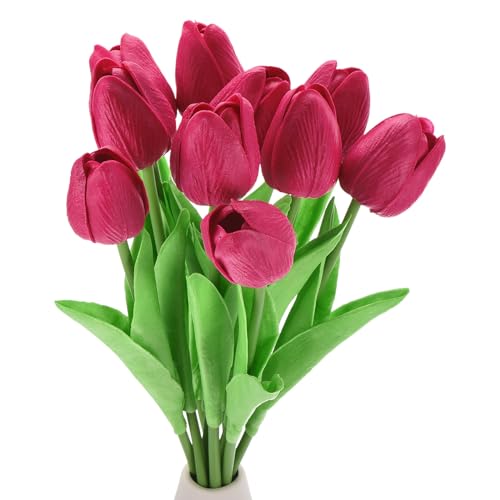 QUARKZMAN 10 Stück Tulpen Künstliche Blumen, Künstliche Blumen Gefälschte Tulpenstiele Real Touch für Hochzeitsstrauß Tisch Party Dekoration (Tiefrot)