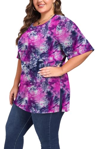 Women's Plus Size Crewneck Tops Half Sleeve Summer T-Shirt Loose Fit Blouse Casual Tunic with Side Split XL- 5XL2