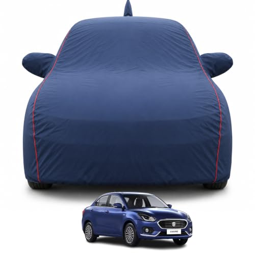 Image of Maruti Dzire 2017-2026 Models Premium Car Cover | Waterproof, UV & Dust Protection | Mirror & Antenna Pocket | Triple Stitched, Soft Inner Lining, Belt & Buckle (Navy Blue)