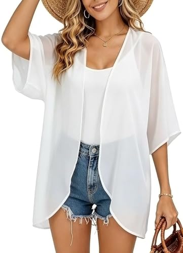 Image of FINOCEANS Womens Floral Chiffon Kimono Cardigans Loose Beach Cover Up Half Sleeve Tops
