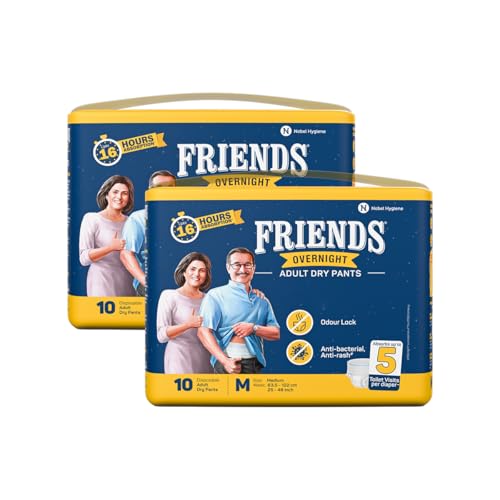 Image of Friends Overnight Adult Diaper M Size Pants | 20 Count (Medium) | Waist 25 - 48 inch | 16 Hrs Protection | Leakproof | Quick & Even Absorption | Unisex | Anti-Rash | Odour Lock | Superior Softness | Elastic Waist & Anti-Bacterial Absorbent Core