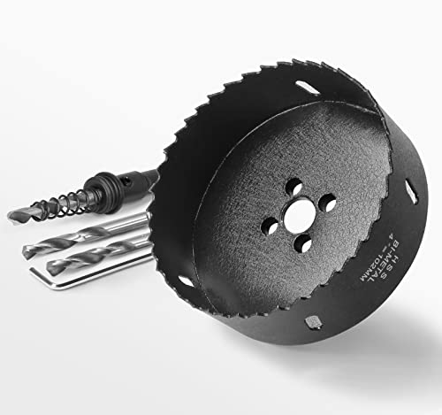 Image of 4 Inch Hole Saw with 3 /8 inch Triangle Shank Quick Change Arbor, JTemgle Bi-Metal Hole Saw Heavy Duty Hole Cutting Tool for Cornhole Boards, Recessed Lights, Wood, Plastic, Drywall & Soft Metal