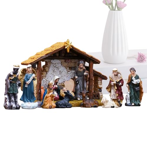 Juego de figuras de Belén de Navidad, escena de la Sagrada Familia de resina, decoración religiosa pintada a mano, elegante expositor de mesa para las fiestas | Decoración