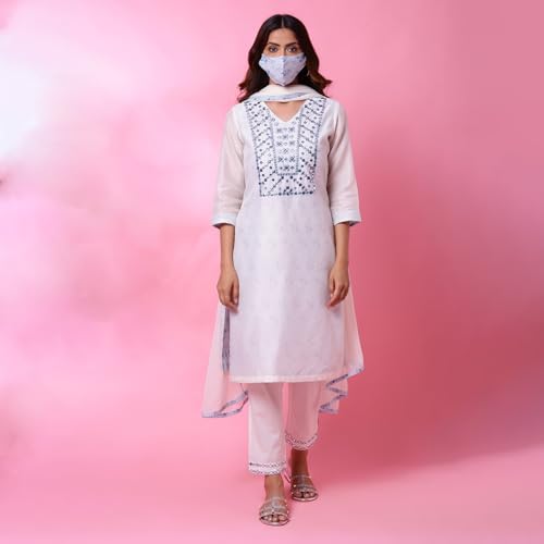Image of BIBA WOMEN EMBROIDERY NARROW SALWAR KURTA DUPATTA(SKD7402E OFF WHITE 42)