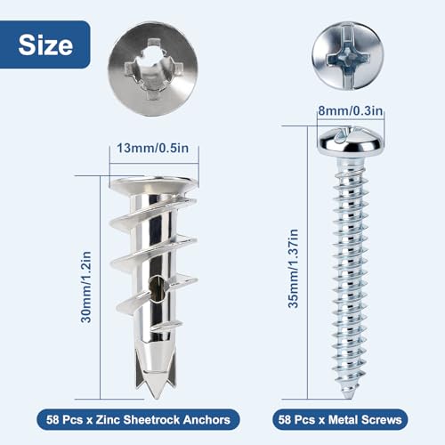 Zruosiniy 116 Pcs Premium Zinc Self-Drilling Drywall Anchors and Screws Kit, Heavy Duty Metal Wall Anchors, #6 x 1-1/4\'\' with 50 LB Loading Capacity, for Home Wall Hanging & Mounting - Thumbnail 3