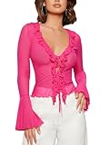 GORGLITTER Women's Sheer Mesh Tops Long Bell Sleeve Tie Front Vintage Ruffle Blouse Shirt Hot Pink Large
