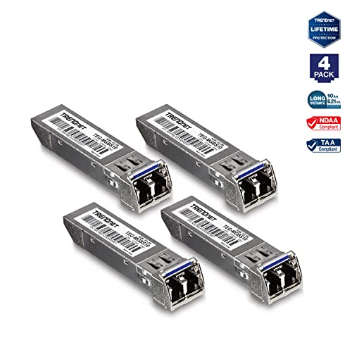 Image of TRENDnet SFP Multi-Mode LC Module 4-Pack, TEG-MGBSX /4, Transmission Up to 550m (1804 Ft), Mini-GBIC, Hot Pluggable, IEEE 802.3z Gigabit Ethernet, Supports Up to 1.25 Gbps, Lifetime Protection