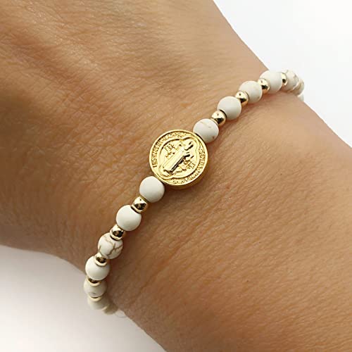 St Benedict Coin and Natural Round Red Coral Beads Adjustable Bracelet for Women3