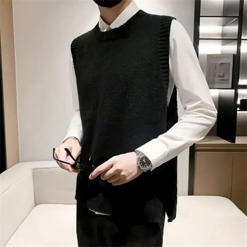 Men's Clothing Vest Crewneck Knit Sweater Waistcoat EN8 Slit Sleeveless Round Collar Korean Style Overfit V4