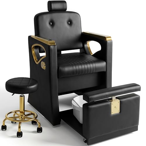 KIIUMI Pedicure Chair No Plumbing Reclining Pedicure Chair with Hydraulic Rolling Stool Nail Salon Manicure Chair with Adjustable Headrest and Footrest for Spa Black Gold