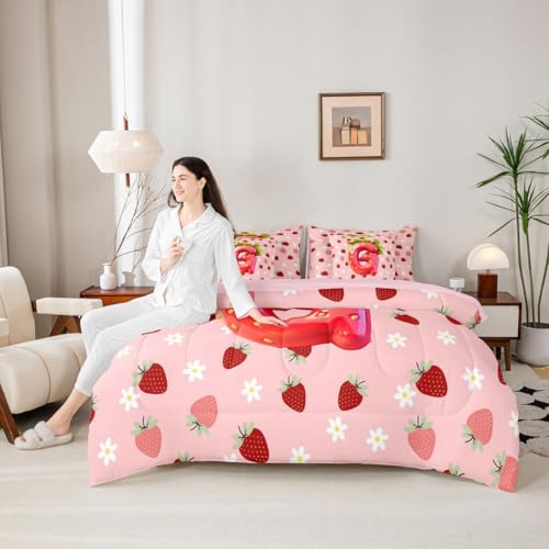 Image of Feelyou Cute Girls Strawberry King Comforter Set with Sheets for Kids Boys Girls Pink Red Princess Strawberry 7 Pieces Bedding Set Initial Letter G Bed in a Bag Room Decor Soft Lightweight Microfiber
