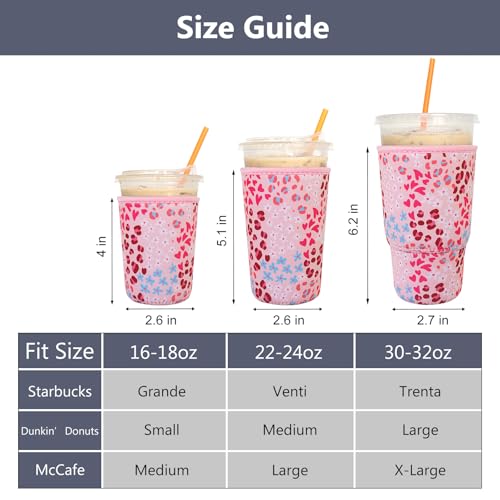Image of 3 Pack Reusable Iced Coffee Sleeves - Xumbtvs Insulator Sleeve for Cold Beverages, Neoprene Coffee Cup Holder (Pink leopard)