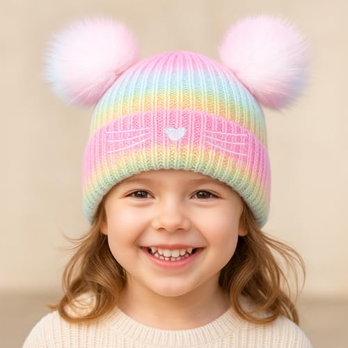 Kids Cat Embroidery Knitted Beanie with Pom Pom, Winter Beanies Hats Warm Ski Cap for Toddler Girls2