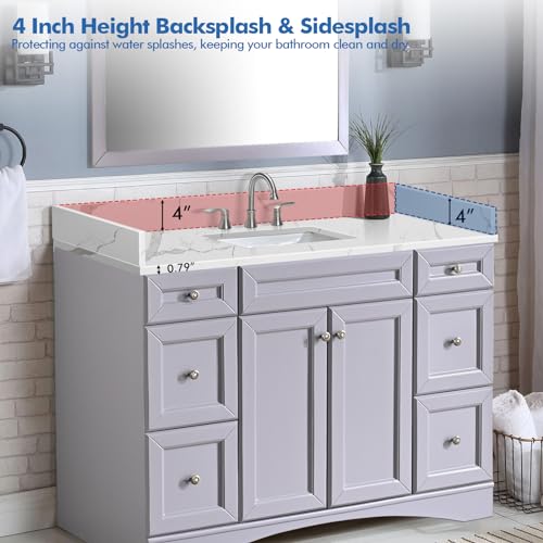 Eqloo 48 Inchw X 22 Inchd Quartz Calacatta River Vanity Top,With Undermount Single Middle Sink Vanity Top,With Two Sidesplash & One Backsplash,8 Inch Faucet Hole Spread Bathroom Vanity Sink Countertop thumb #3