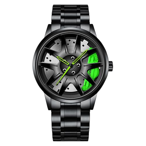 Poo4kark Montre à Quartz analogique Sportive pour Hommes, avec Roue 3D Creuse, Accessoire de Poignet de Style Jante de Voiture en Acier Inoxydable pour (B, One Size)