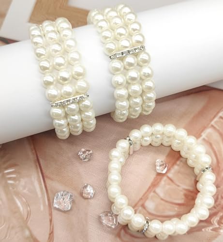 2-8Pcs 1920s Flapper Imitation Pearl Bracelet 3-Rows Stretch Bracelet Multi-Layered Elastic Bangle Bridal Wedding Jewelry Roaring 20s Accessories Jewelry4