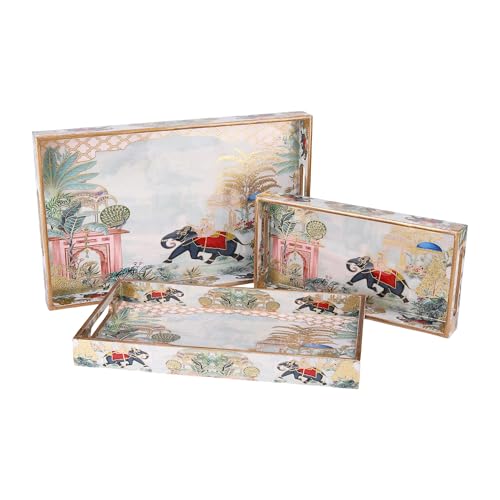 Image of Rectangular Wooden MDF Serving Trays Set of 3 (16x10, 14x8, 12x6 Inches) - Enamelled Finish with Easy-Grip Handles, Perfect for Dining, Tea, Snacks & Home Decor (Red Elephant Tray)