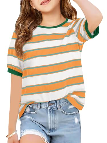 Image of Haloumoning Girls Striped Short Sleeve T Shirts Kids Summer Casual Tops Crewneck Tees Blouses 5-14Y