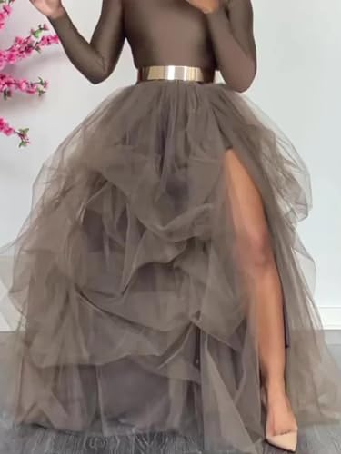 Women's Tulle Maxi Skirt Floor Length Layered Elastic High Waist Split Skirt Club Party A-Line Puffy Mesh Tutu Skirt2