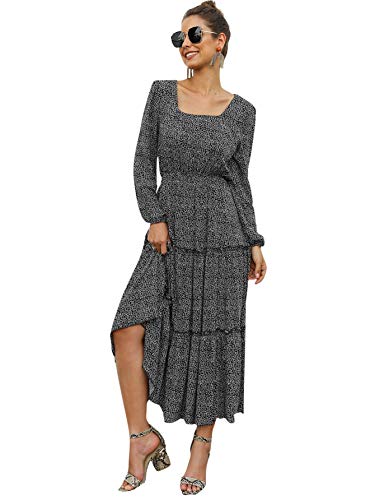 SweatyRocks Women's Long Sleeve Square Neck Floral Print Flared Flowy Chiffon Swing Maxi Dress Multicolor L
