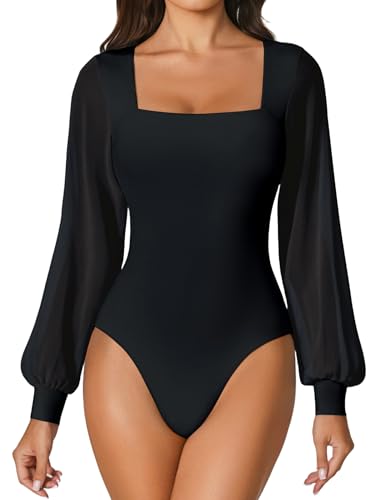 Avidlove Long Sleeve Body Suits Womens Sexy Square Neck Mesh Thong Bodysuit Going Out Outfit XS-XXL