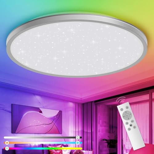 YIKANWEN Plafoniera LED Soffitto 24W 3200LM, Lampada LED Soffitto Moderna a 13 Colori, Plafoniera Bagno IP54 Impermeabile, Lampadario con Telecomando per Camera, Cucina, Soggiorno, Balcone, Ø29,5cm