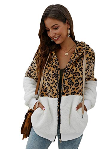 SweatyRocks Women's Leopard Print Zip Up Drawstring Fleece Hooded Teddy Jacket Coat