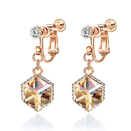 Aretes Clip On con Cristal Austriaco Cúbico en Oro Rosa 14K