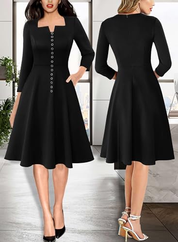VFSHOW Womens Business Buttons Work Office Square Neck Notch A-Line Church Pockets Fit and Flare Dress2