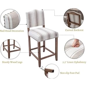 EALSON Farmhouse Bar Stools Set of 2 Counter Height Kitchen Barstools with Back Mid Century Modern Wooden Bar Chairs Linen Upholstered Island Stools for Home Bar/Bistro/Pub, 26 Inch Brown Stripe EALSON Farmhouse Bar Stools Set of 2 Counter Height Kitchen Barstools with Back Mid Century Modern Wooden Bar Chairs Linen Upholstered Island Stools for Home BarBistroPub 26 Inch Brown Stripe