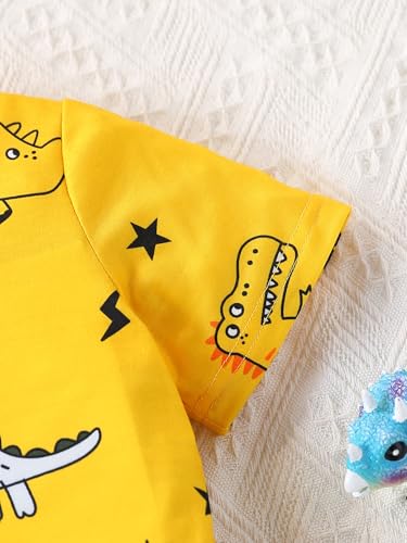Image of Boys Outfits Yellow Dinosaur Print Short Sleeve T-Shirt and Dark Grey Shorts Set for 4-7 Years Old