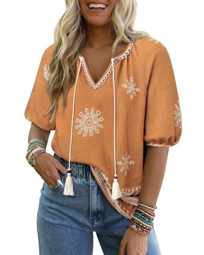 Summer Womens Spring Tops for Women Casual V Neck Half Short Sleeve Boho Blouses Shirts Flowy Vacation Clothes