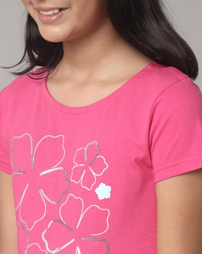 Image of Under Fourteen Only - Girl's T-Shirt | Girls Cotton Round Neck Graphic Printed Half Sleeve T Shirt | Half Sleeve, Fabric - Knits | 14-15 Years (Pink)