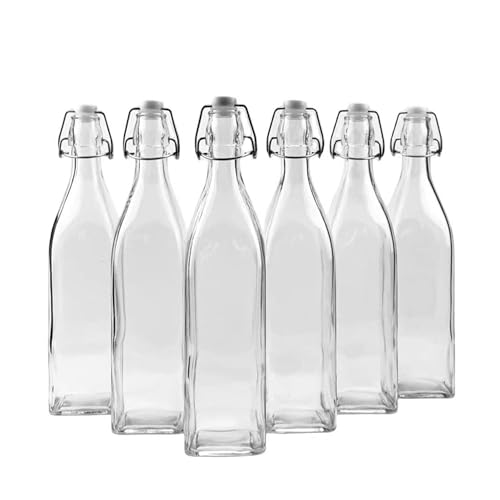 Lucente 1L Vintage Style Clear Square Shaped Bottles with Swing Top Lids