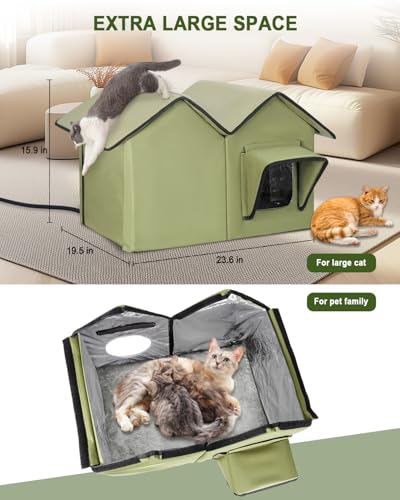 Large Heated Cat House for Outside in Winter, Elevated Insulated Heated Outdoor Cat House Weatherproof with Heating Pad, Waterproof Outdoor Cat Shelter for Multiple Cats Small Dogs(Green) - Image 6