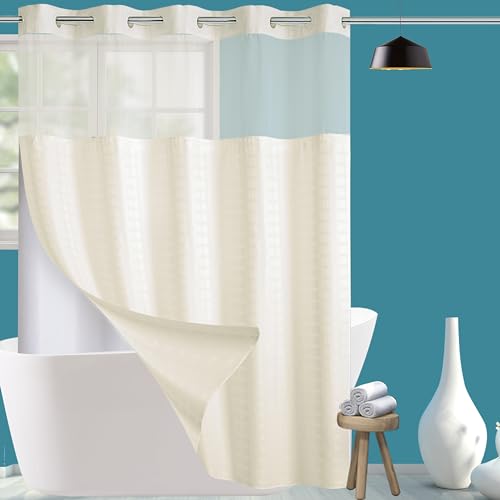 Conbo Mio No Hook Shower Curtain with Snap in Liner Set, Hotel Luxury Beige Shower Curtains for Bathroom with See Through Top Window, Waterproof, Washable 71W x 74H by Conbo Mio - Used condition - US$24.61