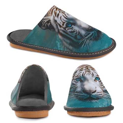 STAYTOP White Tiger with Blue Eyes House Slippers for Women,Mens Fuzzy Slippers,Soft Comfy Memory Foam Non-slip Indoor & Outdoor House Shoes-252