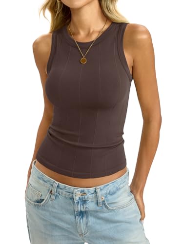 Image of EasyGala Womens Ribbed Seamless Tank Knit Crew Neck Shirt Summer Fitted Sleeveless Top Casual Basic High Neck Clothes