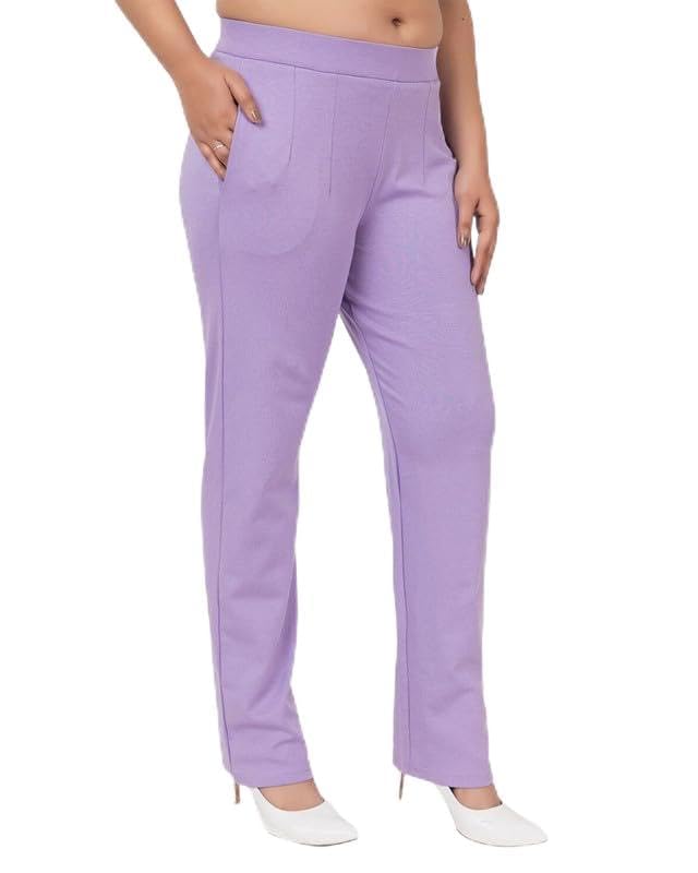 Image of Mlada Straight Fit Cigarette Pencil Pants Elastic Waist Band Mid High Waist Formal Office Trousers for Women, Pockets for Travel Stretch Cotton Knit Full Length Regular /Plus Size