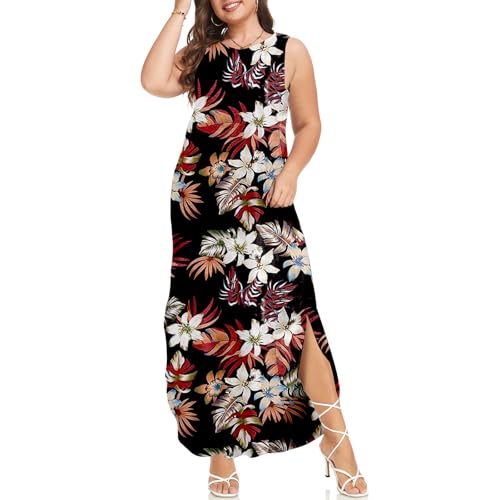 Image of Wolddress Womens 2026 Plus Size Sleeveless Tank Dress Casual Loose Sundress Split Summer Beach Long Maxi Dresses with Pockets