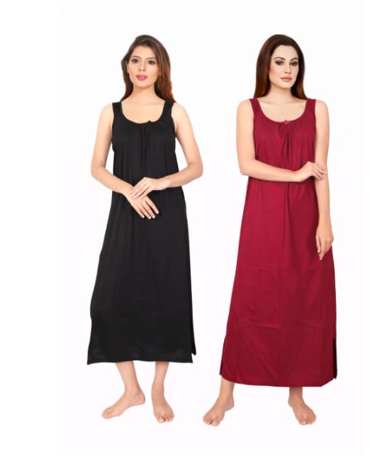 Image of Women's Sleeveless Maxi Night Dress, Spaghetti Strap Nighty, Comfortable Sleepwear Pack of 2