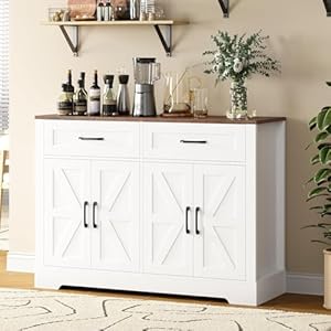 Farmhouse Sideboard Buffet Cabinet with Storage, 47.2" Kitchen Storage Cabinet with Drawers, Coffee Bar Cabinet with Barn Doors for Kitchen, Hallway, White Farmhouse Sideboard Buffet Cabinet with Storage 472 Kitchen Storage Cabinet with Drawers Coffee Bar Cabinet with Barn Doors for Kitchen Hallway White