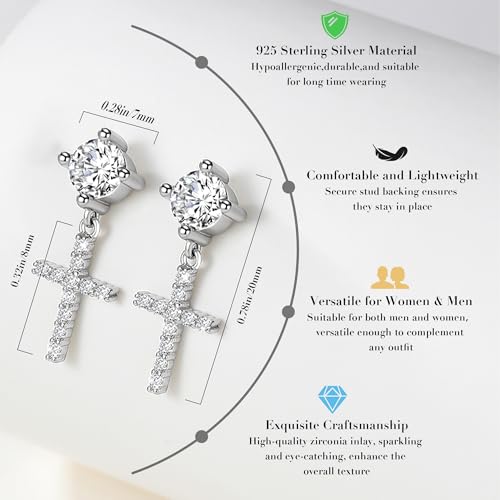 Sterling Silver Cross Earrings, Hypoallergenic Dangle Cross Hoop Stud Earrings for Women Men2