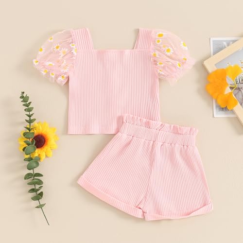 fhutpw Toddler Baby Girls Clothes Ribbed Knit Daisy Mesh Short Sleeve Crop Tops + Shorts 1T 2T 3T 4T 5T Summer Outfits3