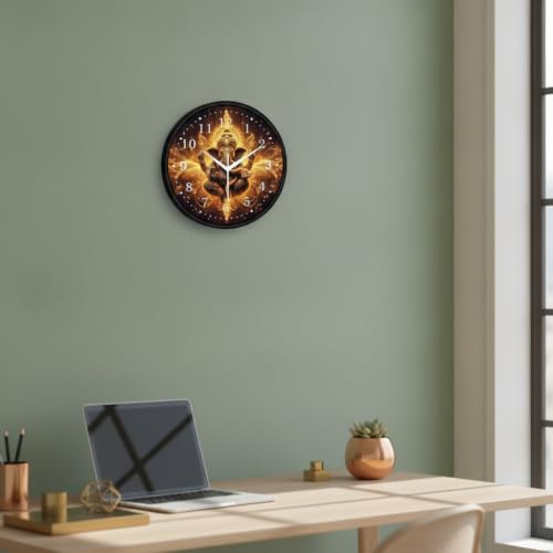 Image of Lord Ganesha Wall Clock for Living Room, Home Decor & Pooja Room | Golden Glowing Ganpati Bappa Analog Designer Wall Clock (Round, 12 Inch, Silent Sweep) | Spiritual Vastu Decorative Gift Item
