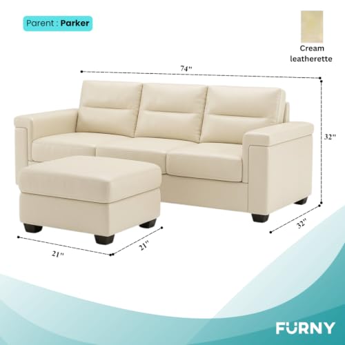 Image of FURNY Parker 3 Seater Sofa Set with Ottoman | Premium Suede Velvet Fabric Finish | Durable Comfort Sofa for Modern Living Room & Office Spaces (Cream Leatherette)