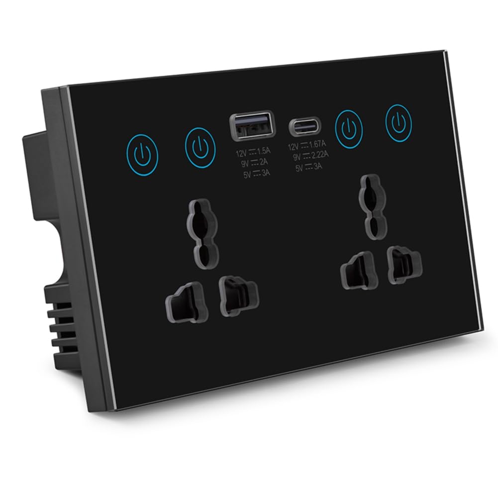 Prise Universelle UE/UK/US Tuya WiFi Noire avec Interrupteur Intelligent et Port USB et Type-C Smart Life