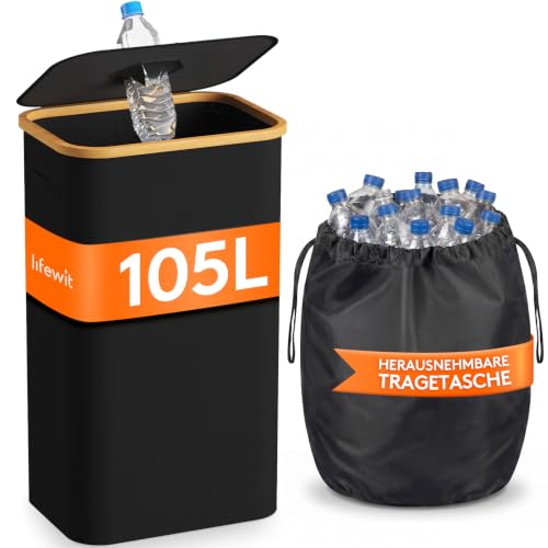 Lifewit Pfandflaschen Sammelbehälter mit Deckel 105L Bambus Groß Leergut Sammelbehälte Altglas Aufbewahrung und Pfandflaschen Organizer mit Loch Küche Abstellraum Flaschentasche Schwarz